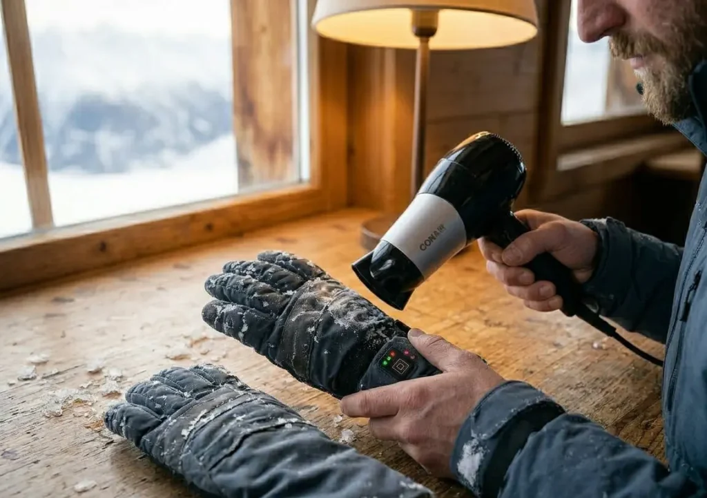 Melting applied candle wax into a ski glove using a hair dryer on medium heat to bond it to the fabric