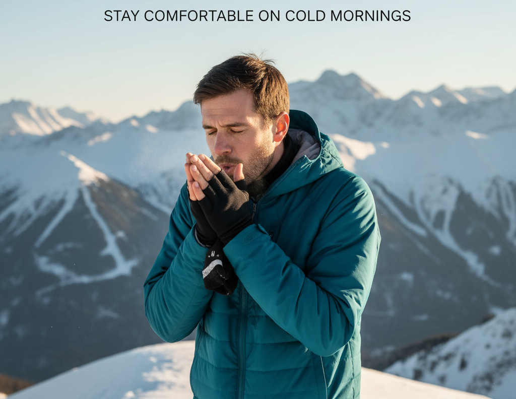 Cold mountain morning scene with skier warming hands — benefits of glove liners for skiing warmth