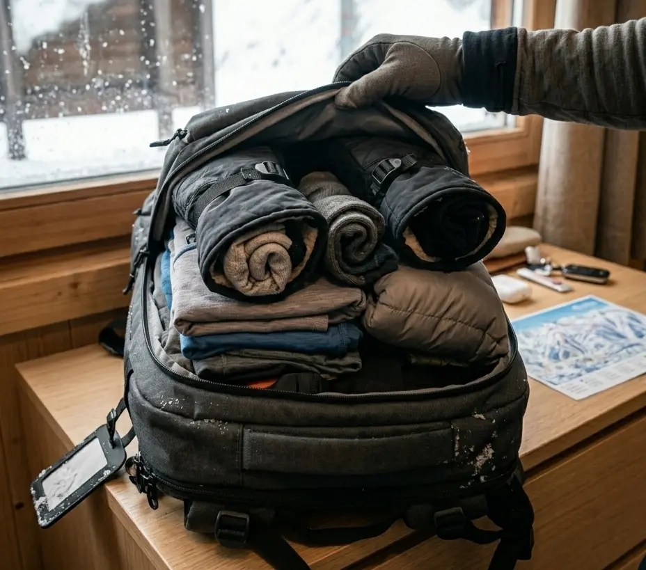 Skier demonstrating how to pack ski gloves for travel safely at the top of a carry-on bag