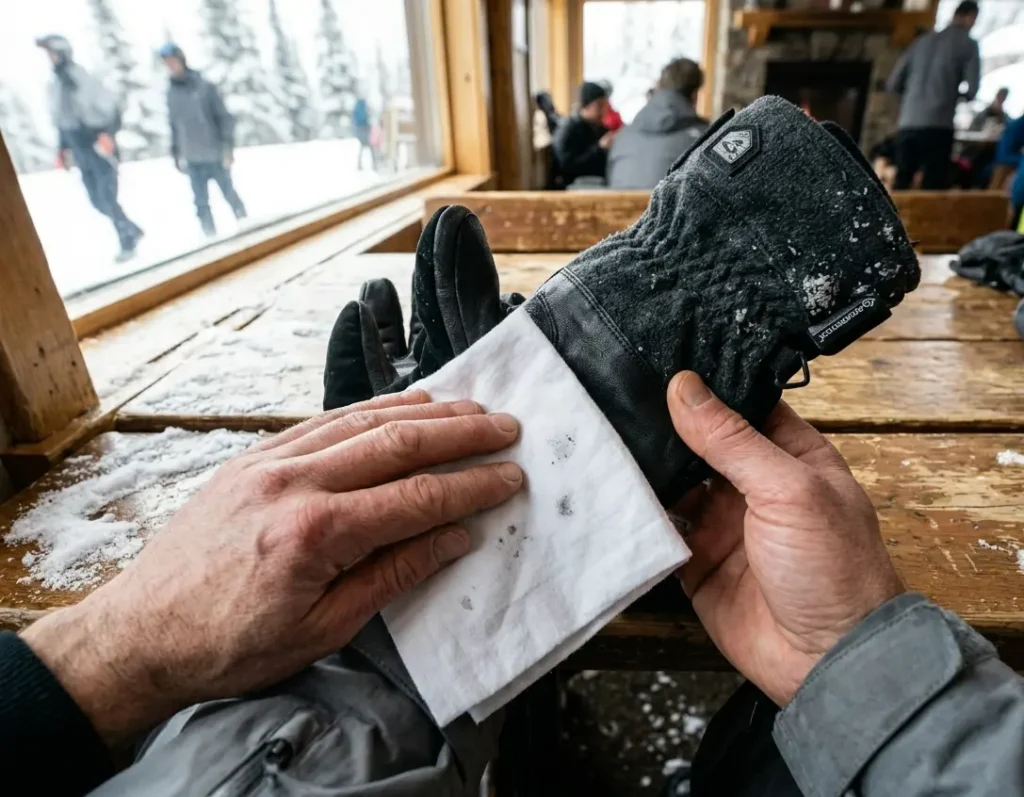 Testing a ski glove interior with a dry cloth to check for moisture transfer from hand sweat