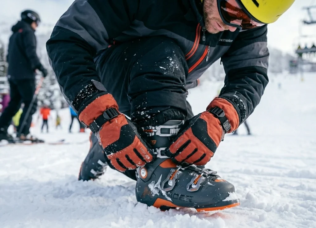 Skier struggling to adjust a ski boot buckle due to thick, heavy gloves