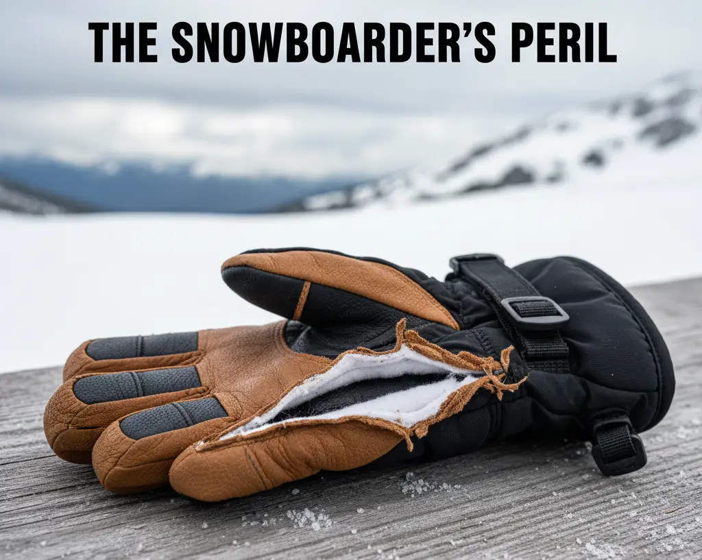 A torn palm seam on a ski glove caused by the heavy impact of snowboard falls, proving they are not built for open-hand landings