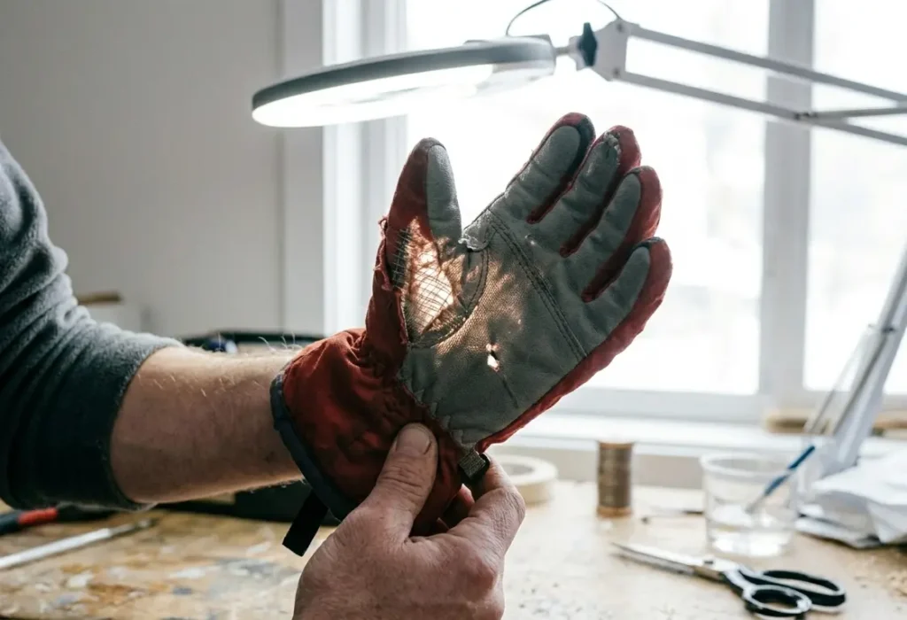 Using a bright lamp to check if ski glove fabric is too thin and worn out to hold a repair stitch