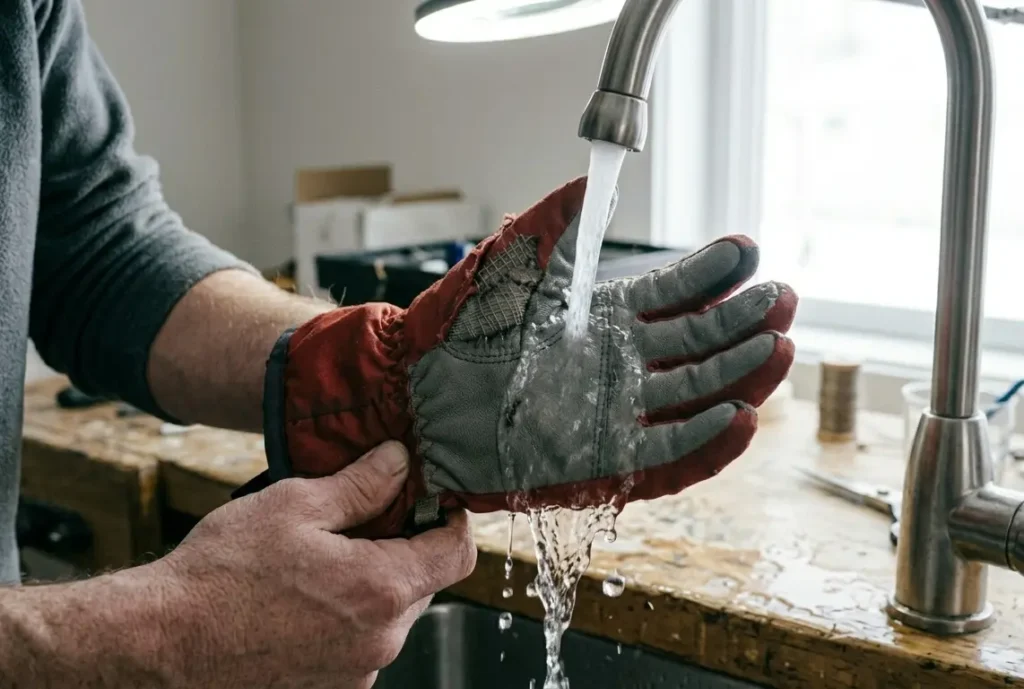 Running water over a repaired ski glove hole to test if the seam sealer is fully waterproof