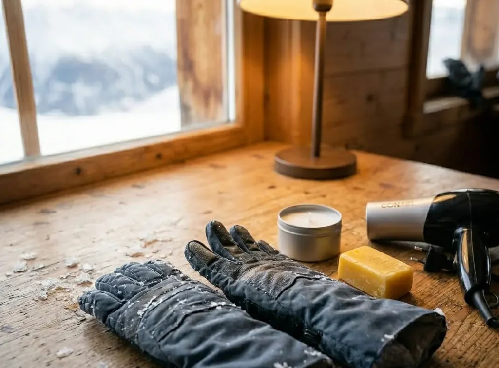 A dry pair of ski gloves sitting on a table next to plain paraffin and beeswax candles and a hair dryer