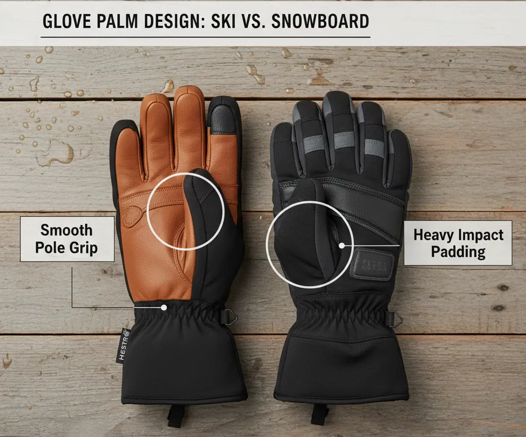 Side-by-side comparison showing the smooth pole grip of a ski glove versus the heavy impact padding on a snowboard glove palm