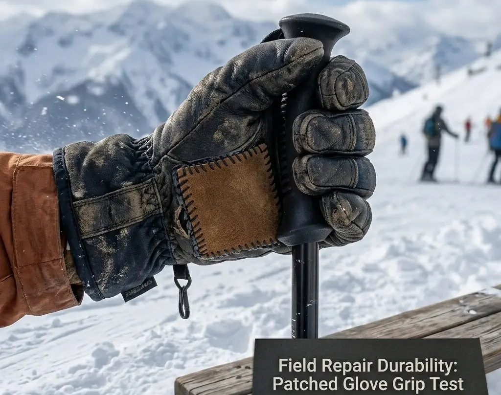 Testing the durability of a leather patch repair on a torn ski glove while gripping a ski pole in the snow