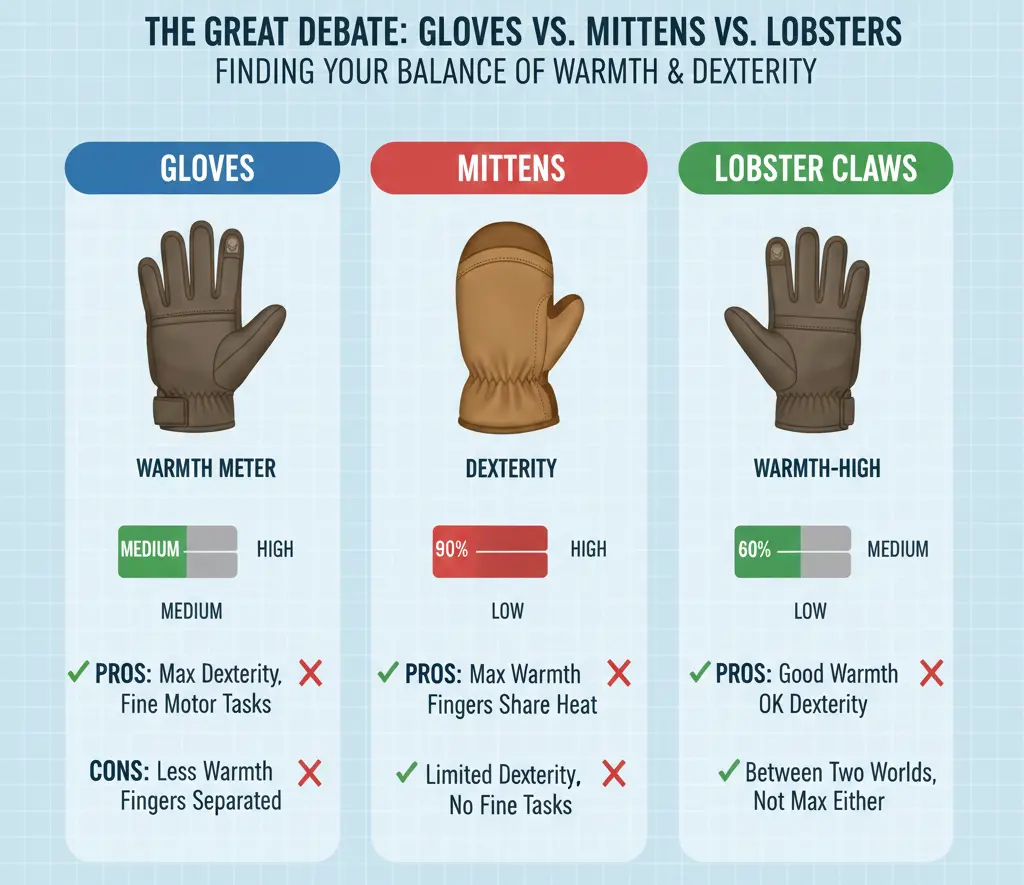 Comparison chart of ski gloves, mittens, and lobster claw styles showing warmth and dexterity ratings