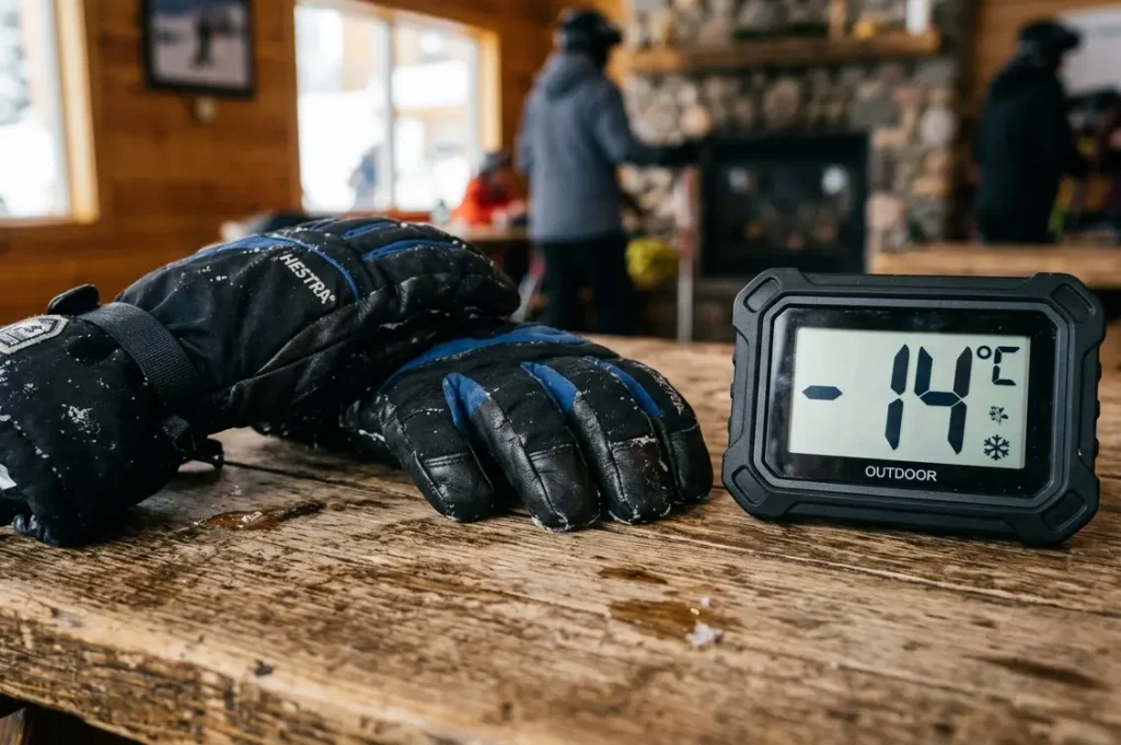 Ski gloves sitting next to a digital thermometer displaying sub-zero temperatures