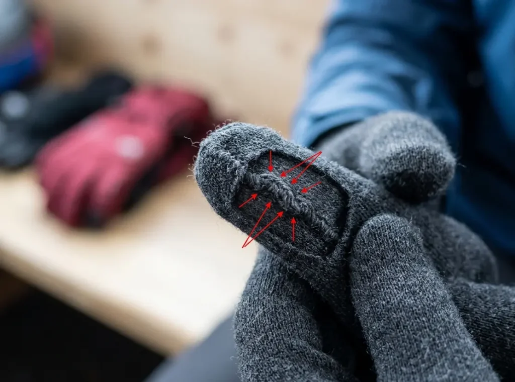 Close up showing the internal seam on the fingertip of a merino wool ski glove liner
