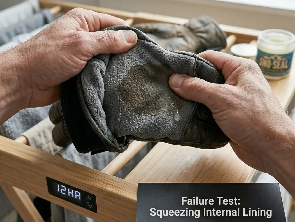 Squeezing a ski glove lining after 12 hours of drying to test if the internal waterproof membrane has failed
