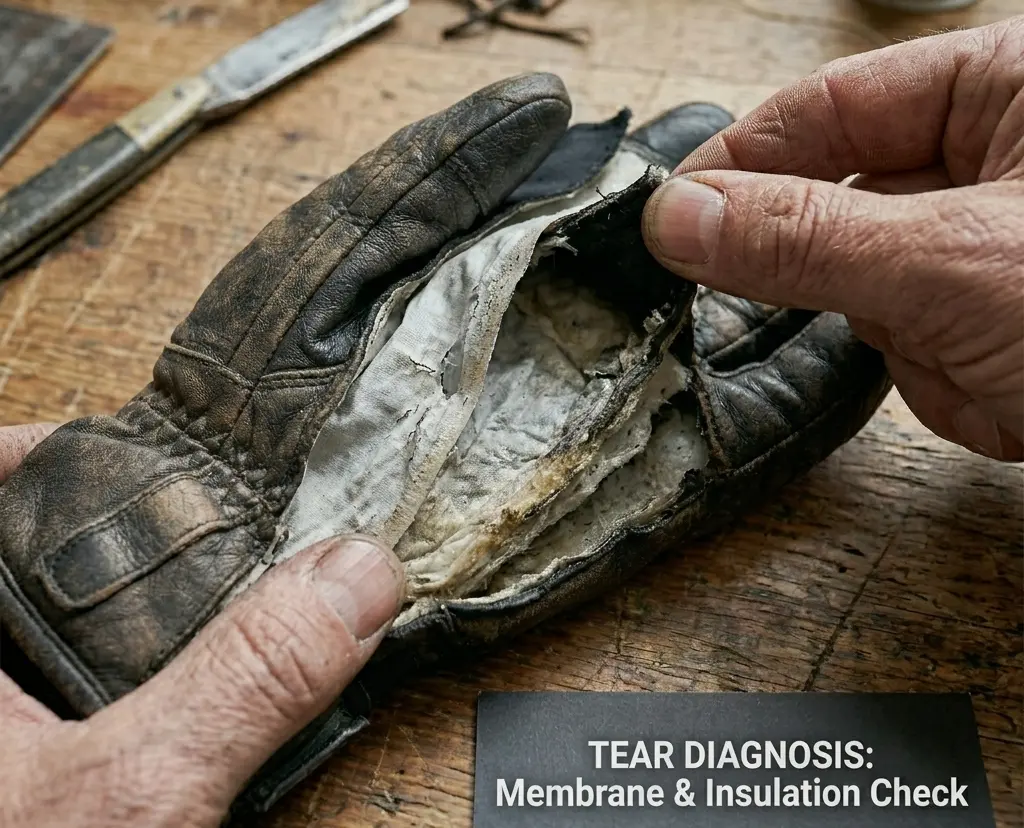  Checking the depth of a ski glove tear to see if the insulation or waterproof membrane is damaged