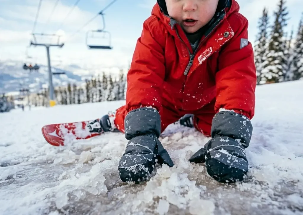A toddler pressing their mitten palms directly into wet snow during a fall on the ski slope