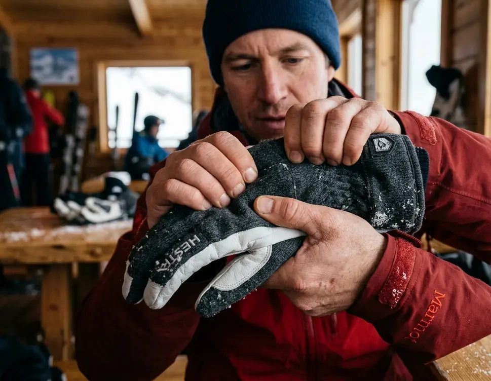 Pressing the back of a ski glove to check for hidden moisture in the insulation