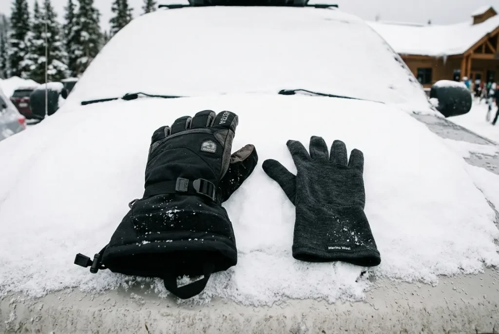 A thin merino wool ski glove liner placed next to a heavy outer ski glove in the snow