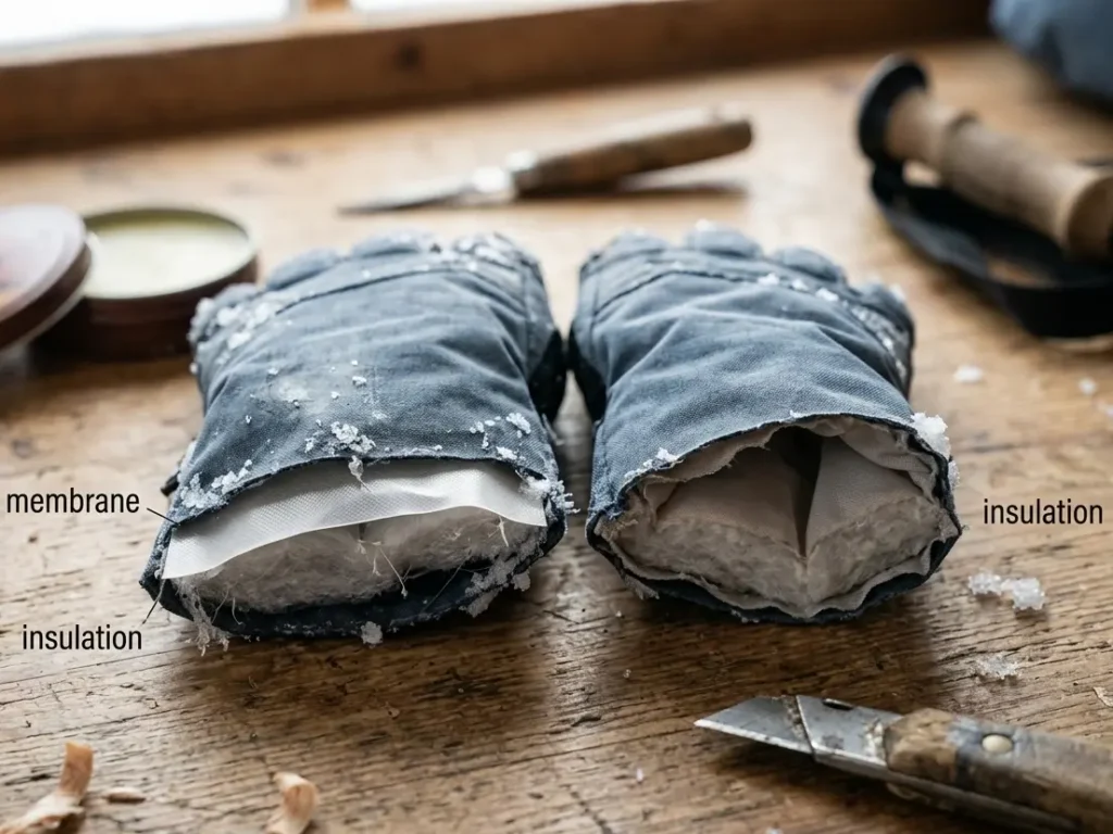  A cross-section cut of waterproof vs water-resistant ski gloves showing the internal membrane layer