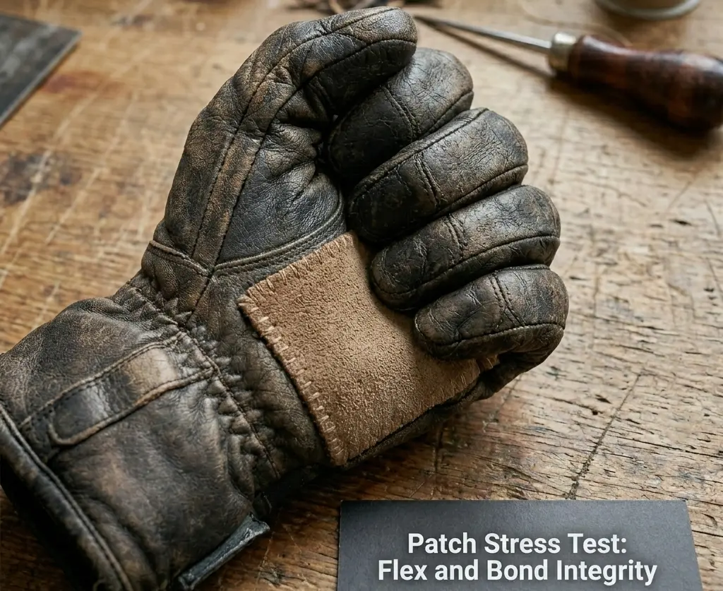 Stress-testing a patched ski glove by making a tight fist to ensure adhesive flexibility