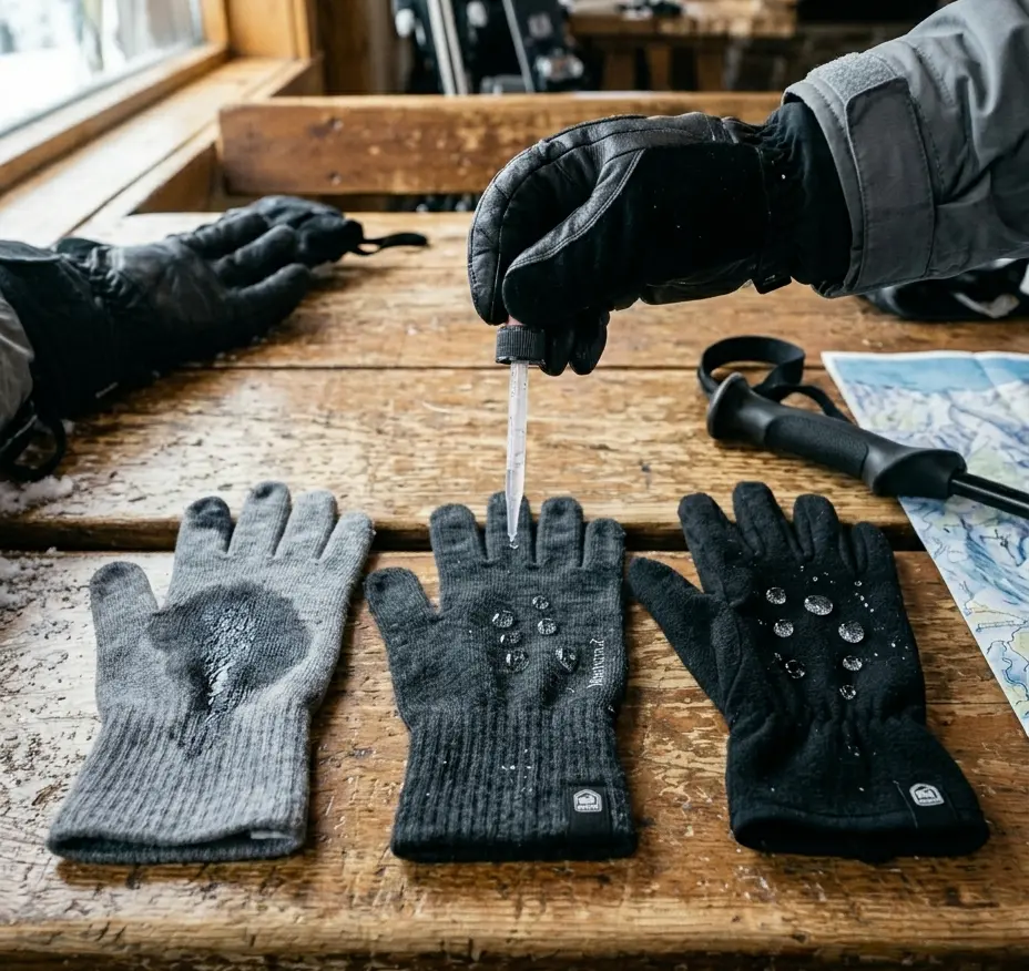 Comparing how cotton, merino wool, and synthetic ski glove liners handle water