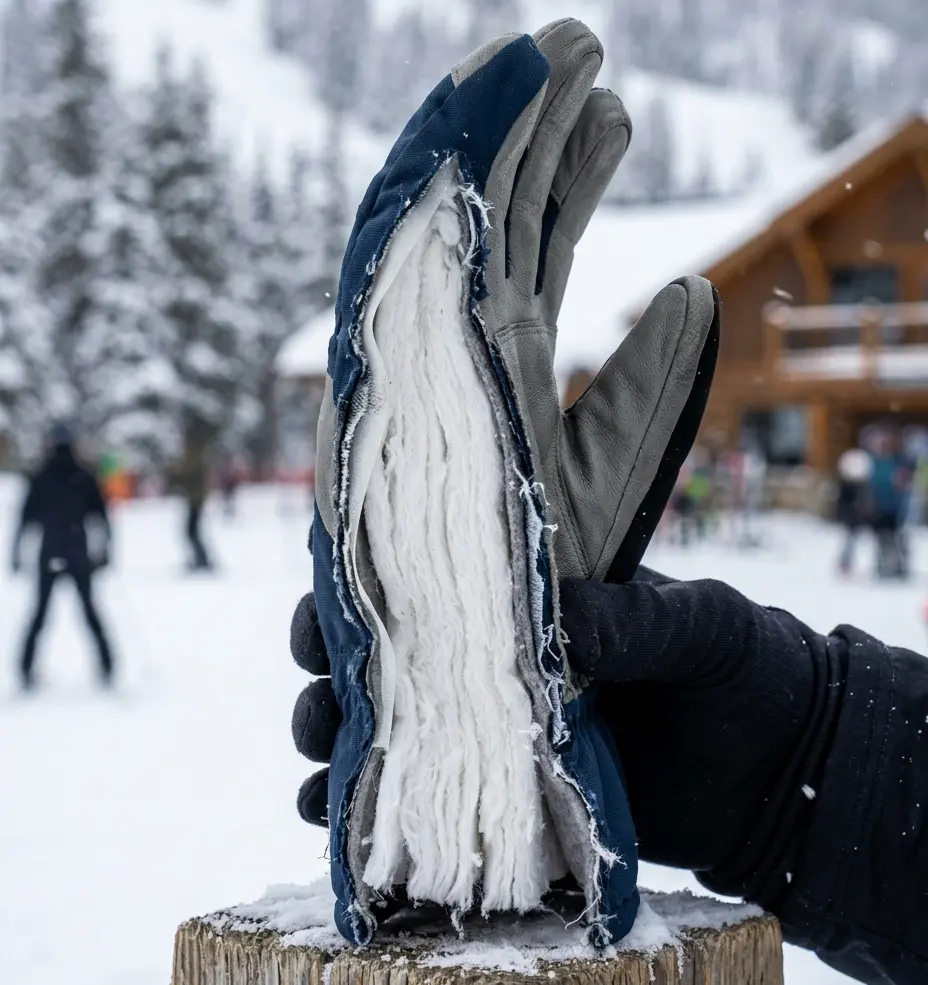 Close up showing the thick insulation layers inside a winter ski glove
