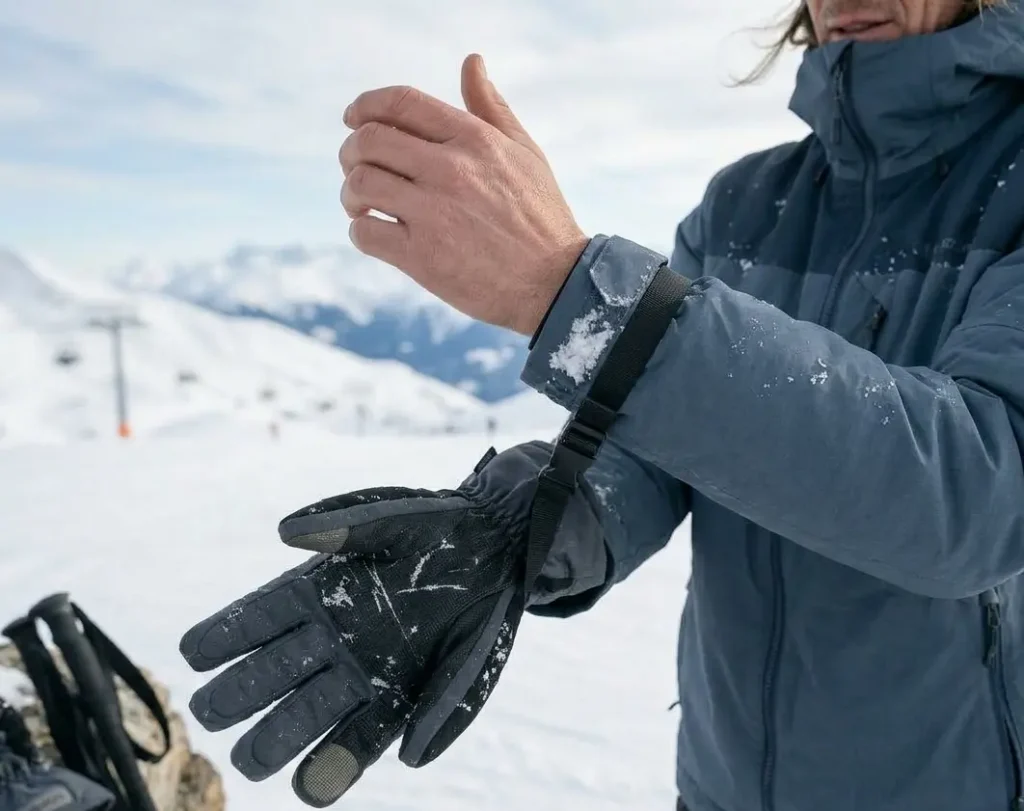 A skier correctly tightening a ski glove wrist strap entirely over their jacket sleeve to create a windproof seal