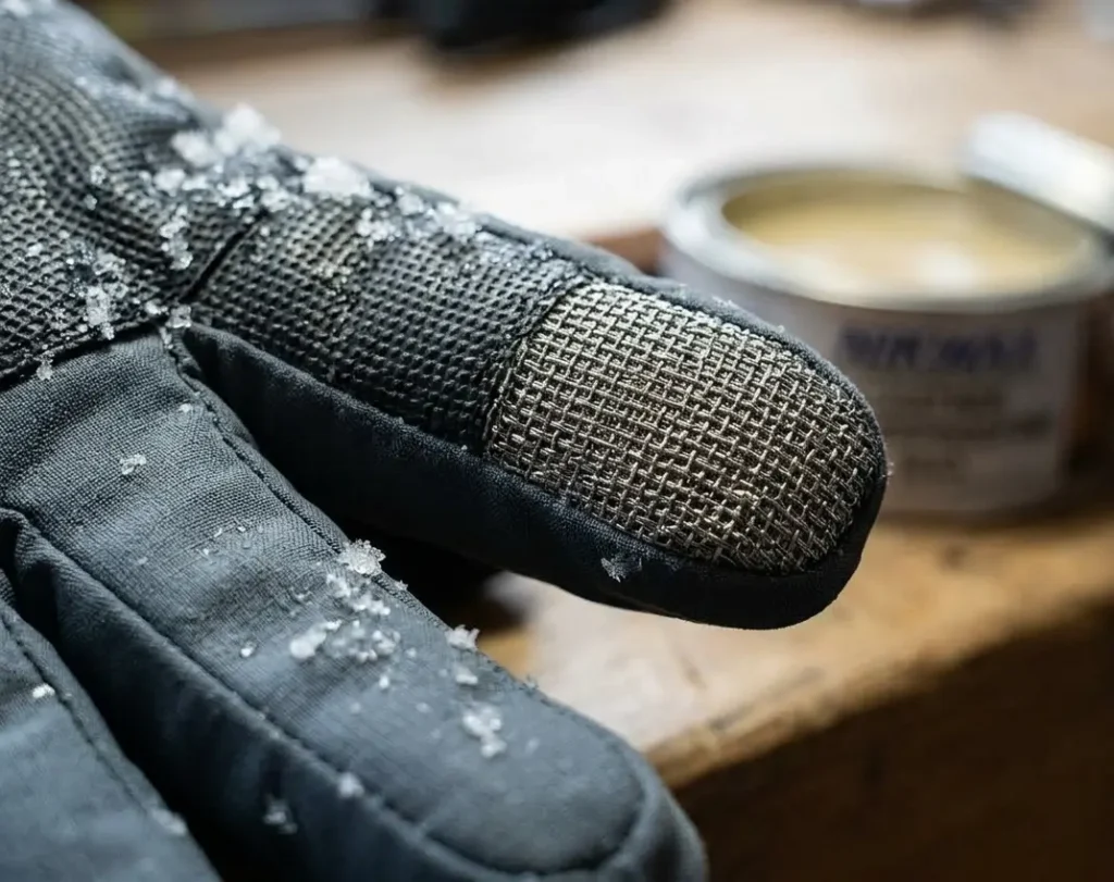 Close-up of conductive threading woven into the fingertip of a touchscreen ski glove