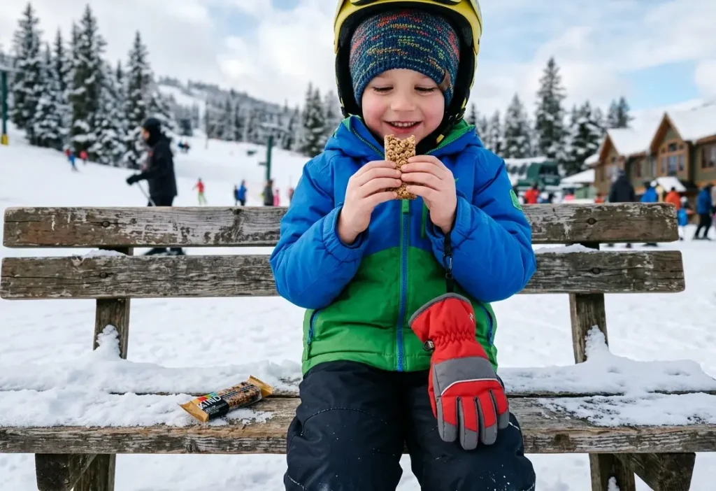 A child eating a snack with their ski glove securely attached to their jacket cuff so it doesn't get lost in the snow