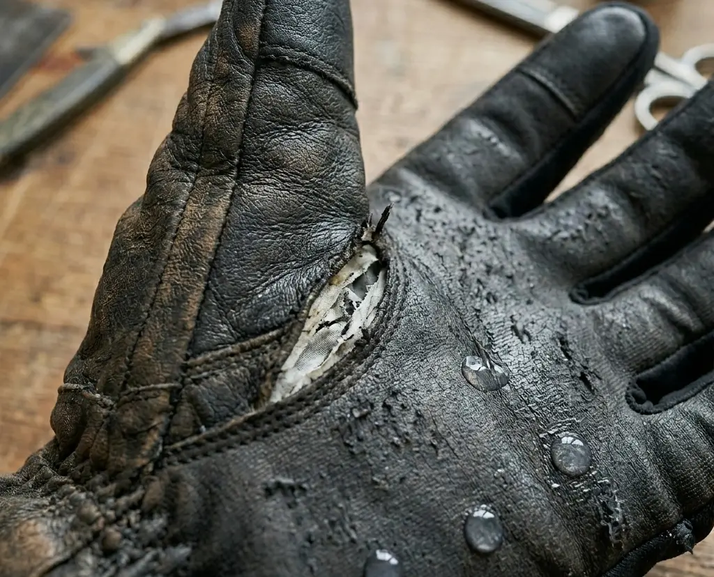 Close-up of separated structural seams between the thumb and index finger indicating a ski glove needs replacement