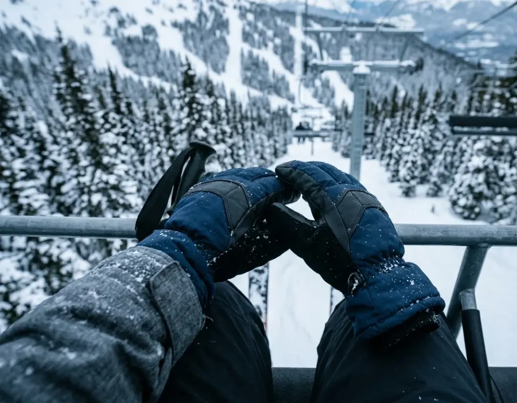 Skier looking at gloved hands while riding a cold, windy chairlift
