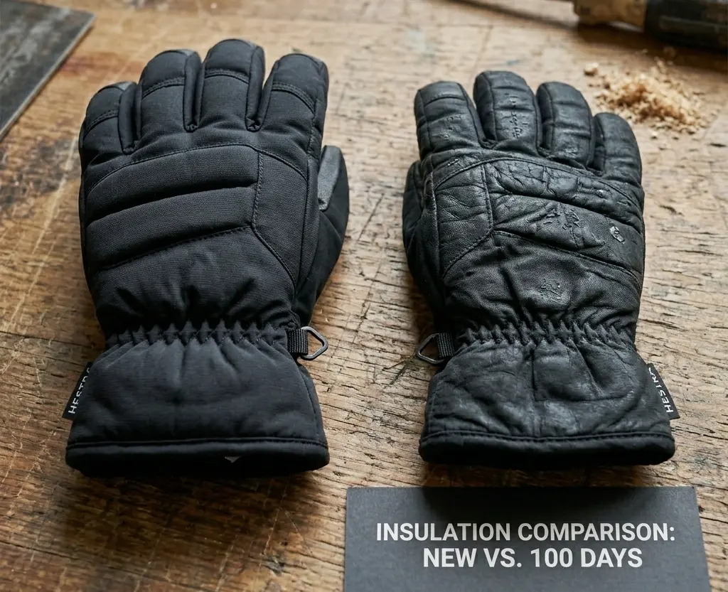 Side-by-side comparison of new lofted insulation versus permanently compressed insulation in old ski gloves