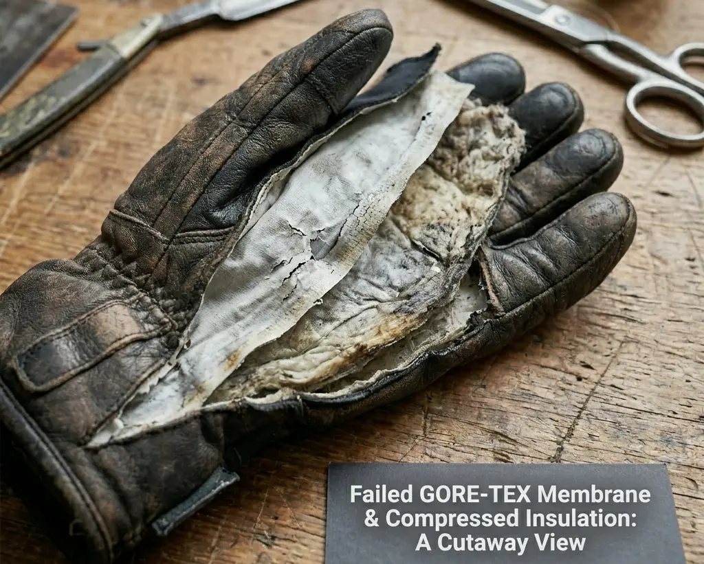Cutaway view of a worn ski glove showing a failed waterproof membrane and compressed insulation layers