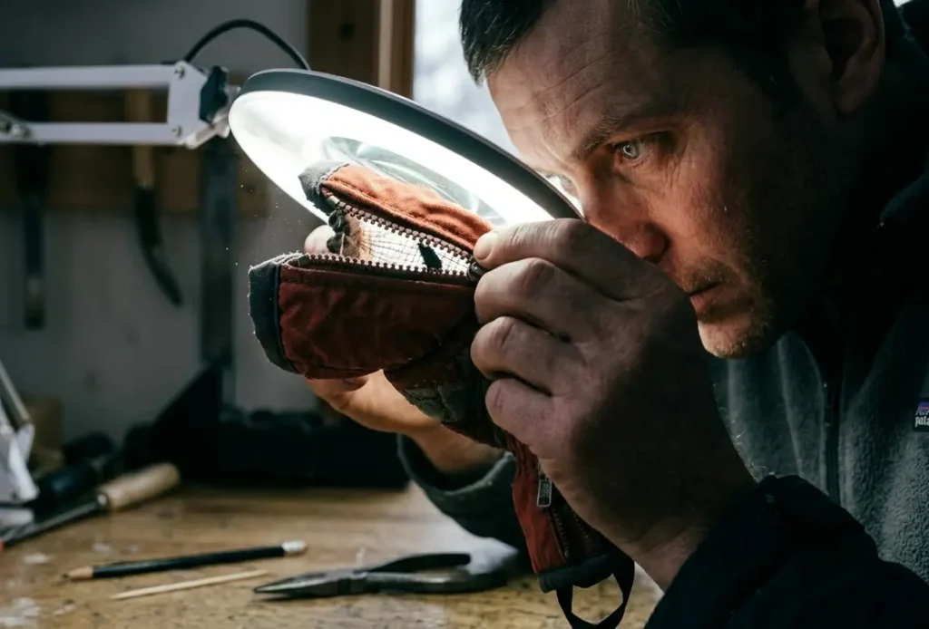 Holding a ski glove zipper up to a bright light to visually check for caught fabric
