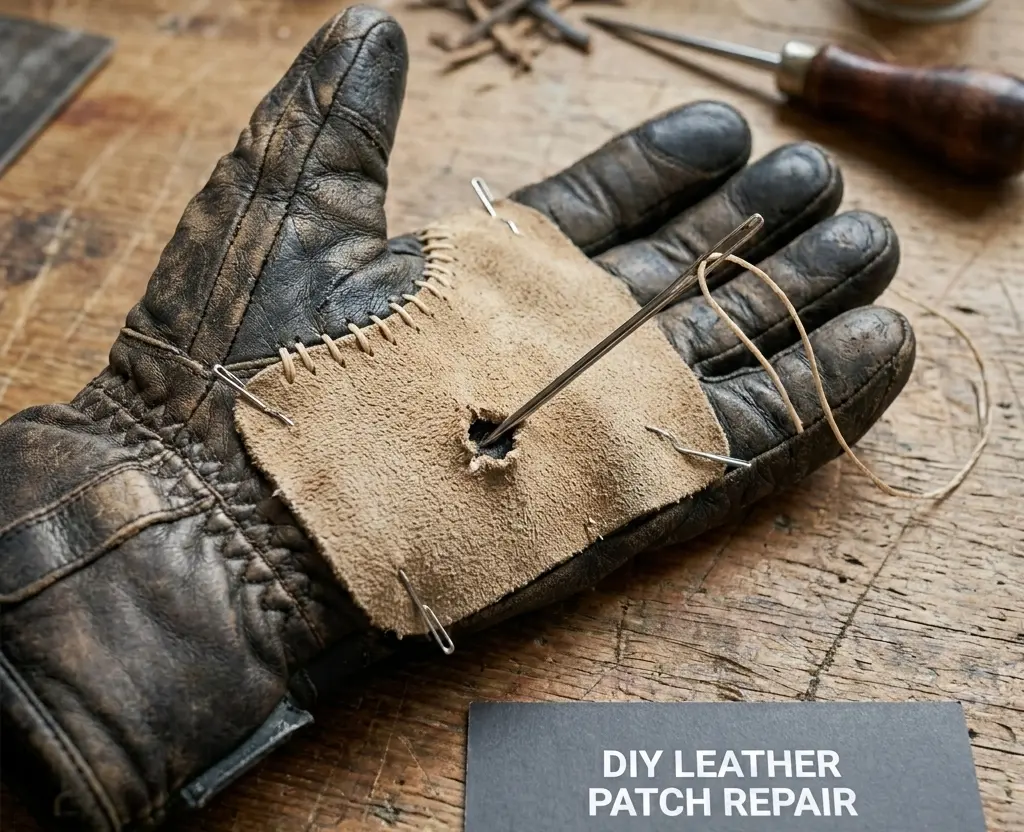 Hand-stitching a durable suede leather patch onto a worn ski glove palm using waxed thread and an awl