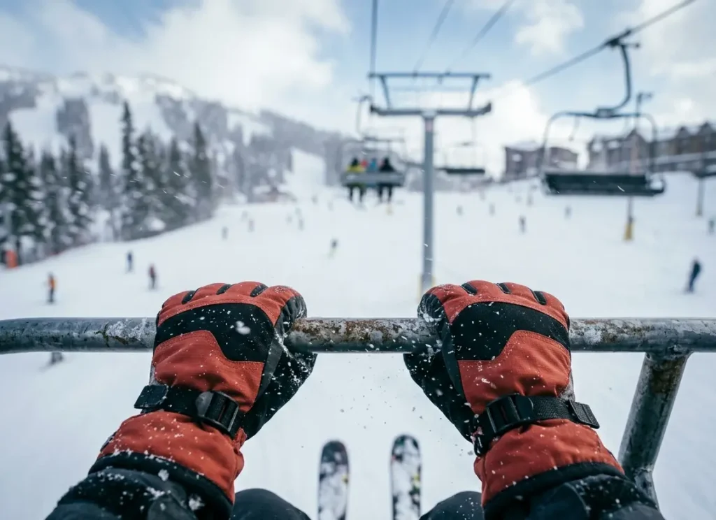 Skier sitting on a chairlift demonstrating wind exposure during cold mountain conditions