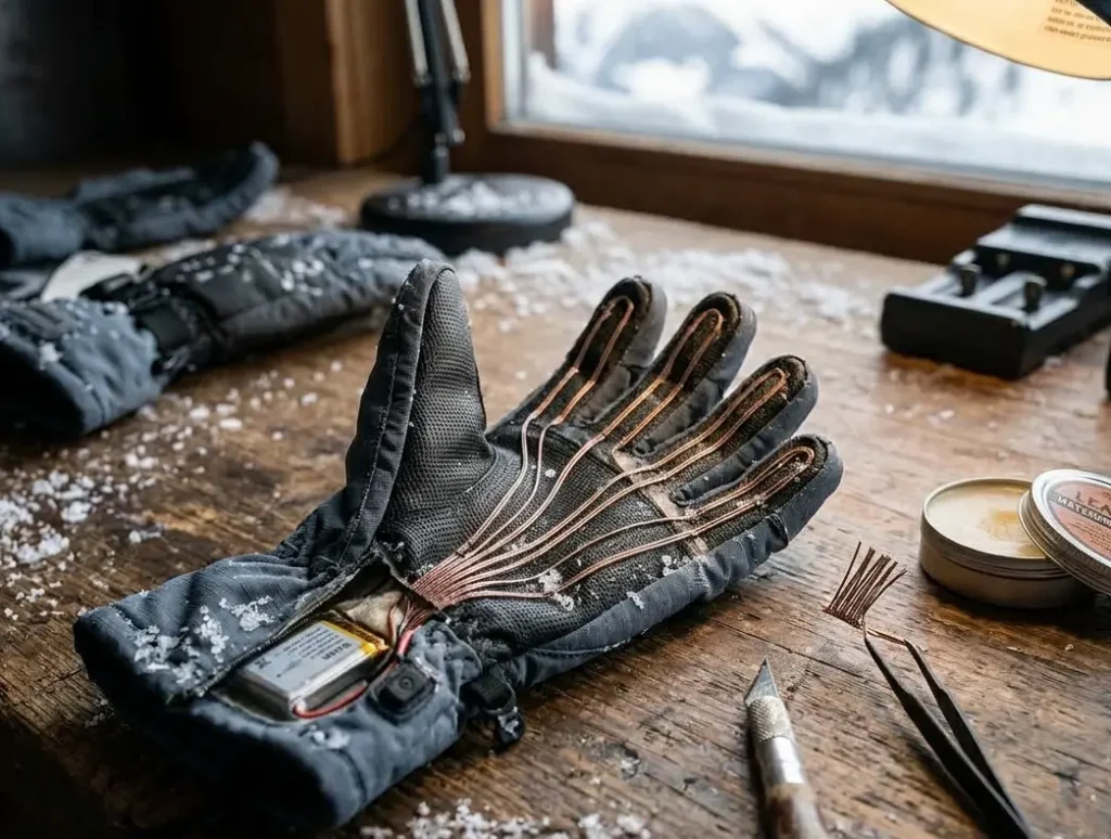 A disassembled heated ski glove showing the physical routing of the internal heating wires along the fingers.