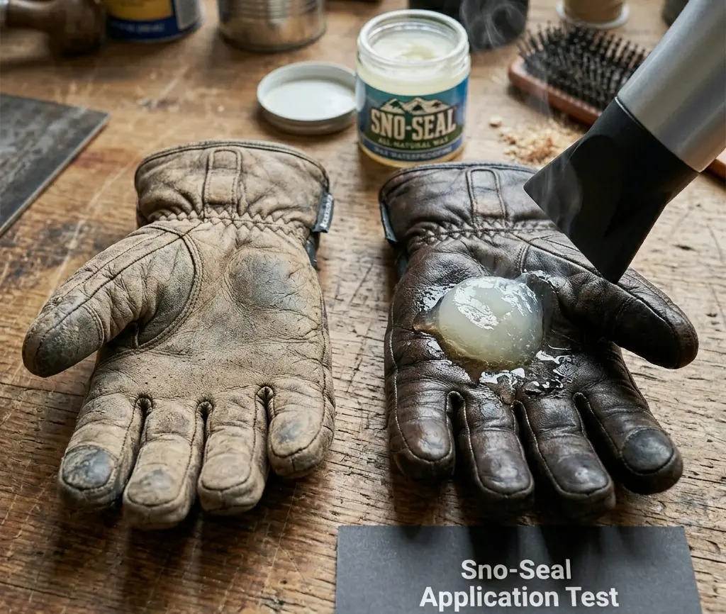 Side-by-side comparison of a dry leather ski glove versus a glove being treated with Sno-Seal and a hair dryer to restore waterproof grip