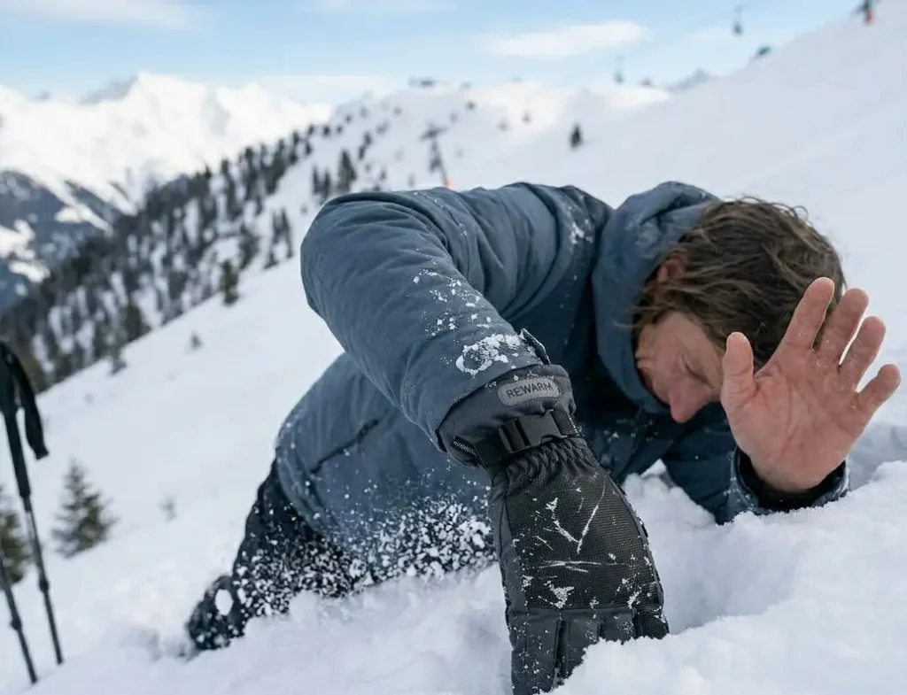 A securely strapped ski glove keeping deep powder snow out of a jacket sleeve while a skier gets up from a fall