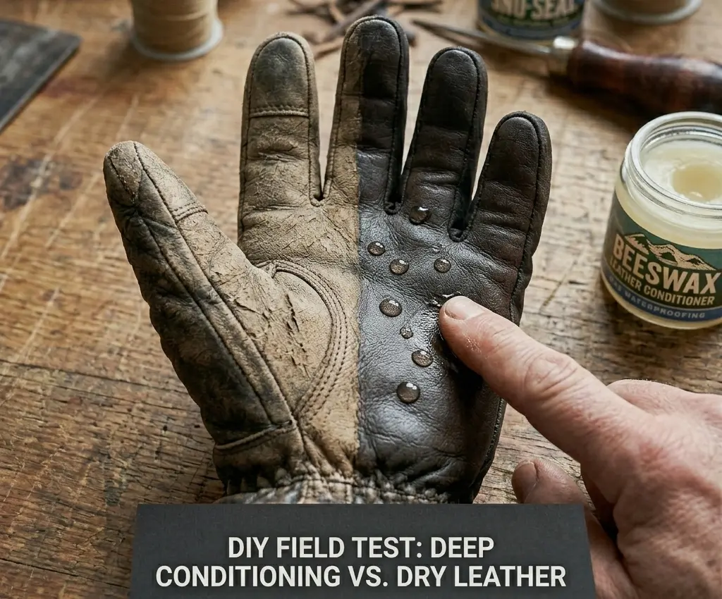 Real-world test showing the visual difference between dry, stiff leather and freshly conditioned leather on a ski glove