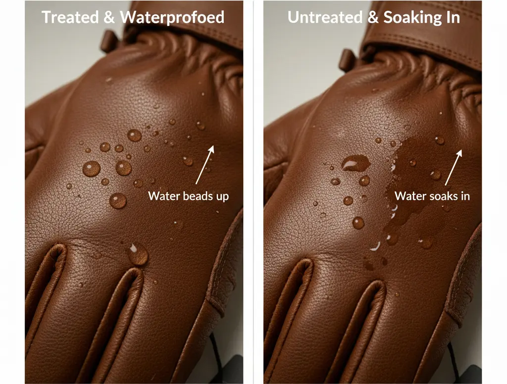 Close-up of water beading on a waterproofed ski glove surface