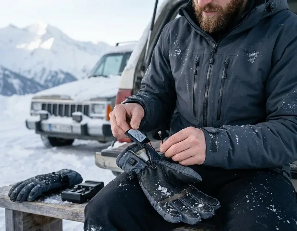  Removing the rechargeable lithium-ion battery pack from the cuff pocket of a heated ski glove