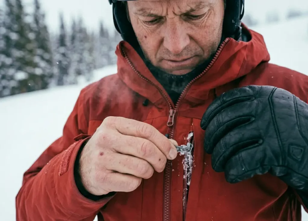 Skier struggling to open a small zipper with bulky gloves on to access spare gear.