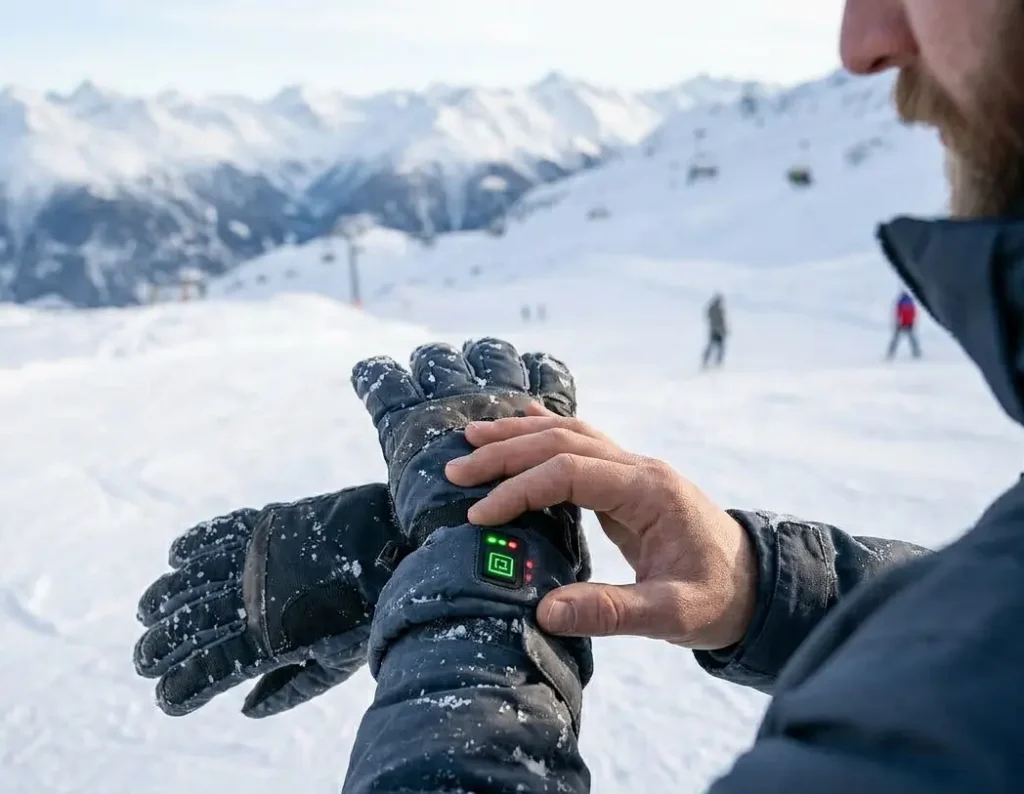 A skier pausing on the mountain to check the battery life indicator lights on their heated ski glove cuff