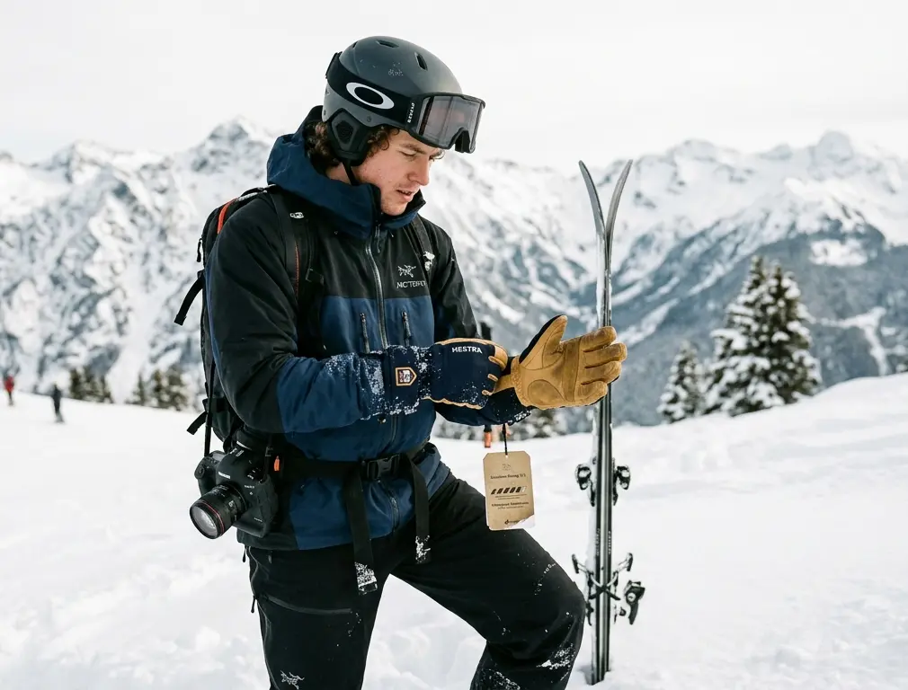 Skier inspecting gear on a snowy mountain for ski gloves buying guide