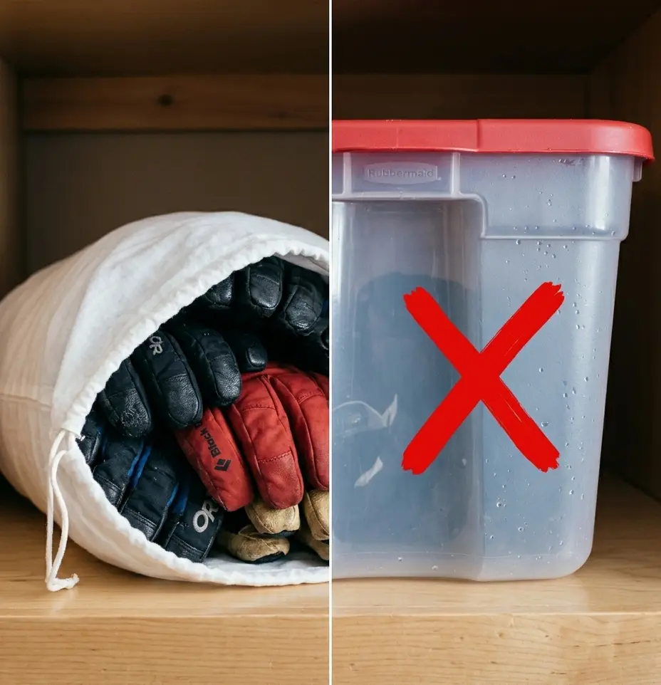 Comparing a breathable cotton bag for glove storage against a damaging airtight plastic bin