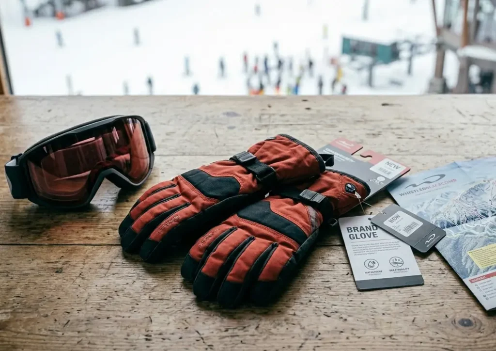 New winter gear laid out on a table for a ski gloves buying guide