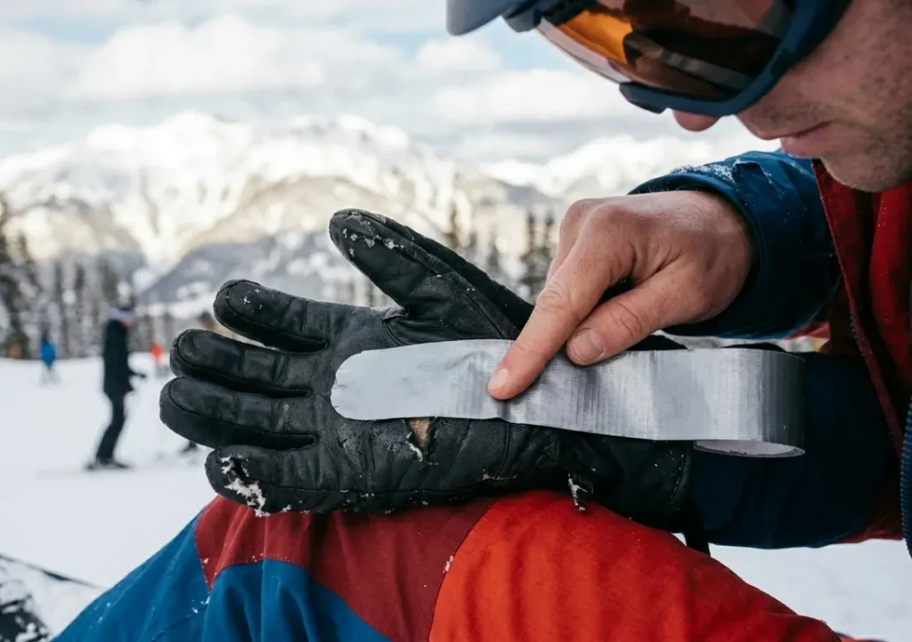 Applying duct tape to a ski glove laid flat on a skier's thigh to prevent fabric bubbling