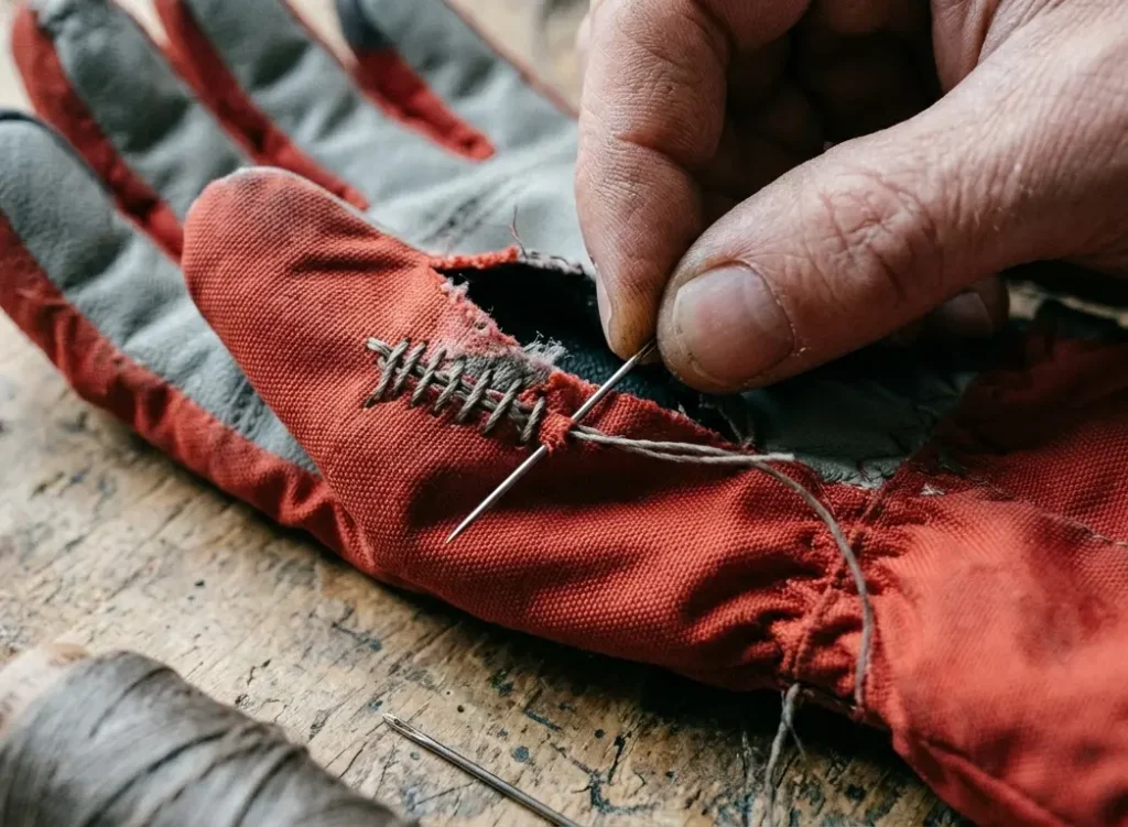  Sewing a tight backstitch with waxed thread to close a tear in a ski glove