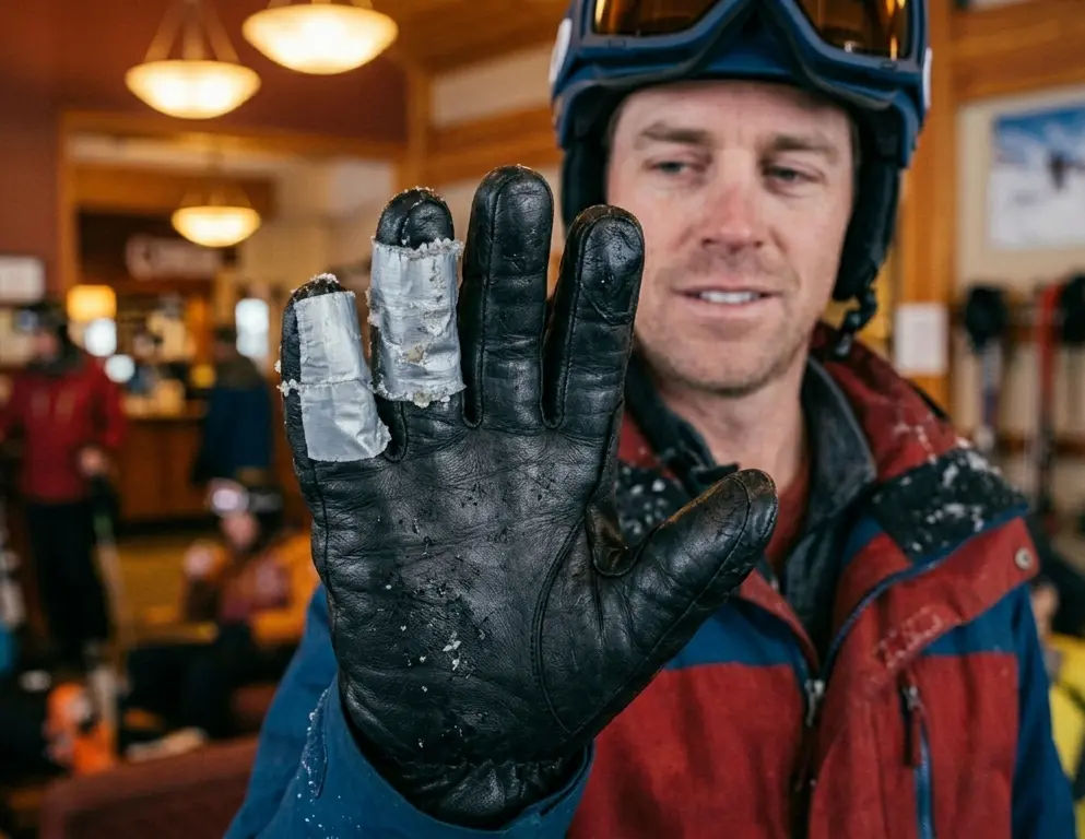 A duct tape ski glove repair holding up successfully without edge lifting after a full day of skiing.