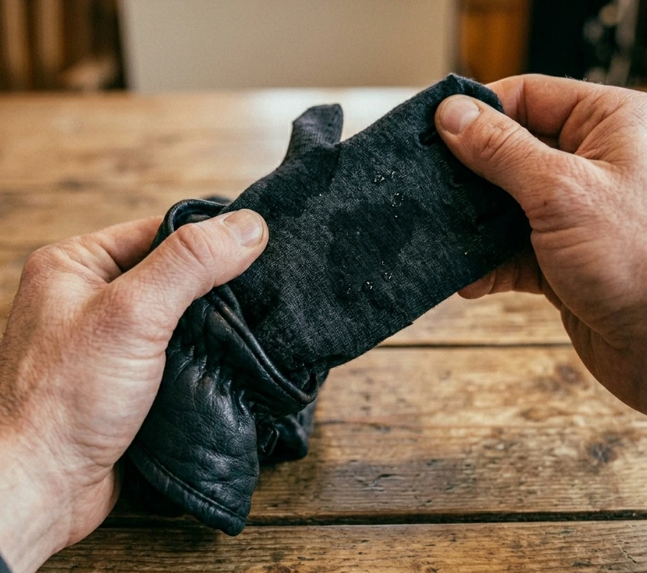 Pulling the wet inner liner out of a ski glove shell to speed up drying time