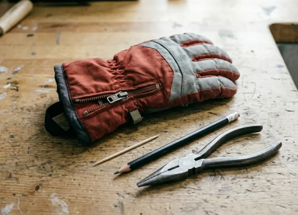 Essential tools for fixing a stuck ski glove zipper including a toothpick and flat-nose pliers