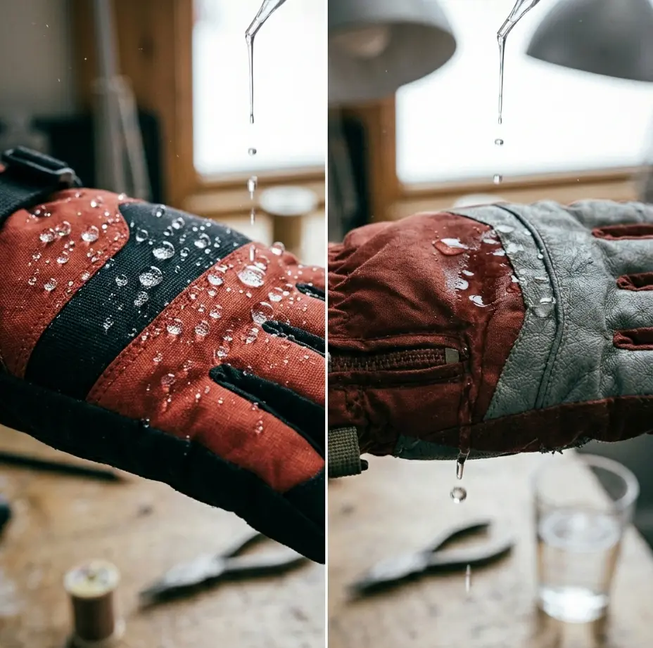 Close-up showing water beading off a treated ski glove versus soaking into untreated fabric